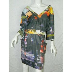 AMBER SAKAI Dress Size Small Black Grey Yellow Watercolor Print‎